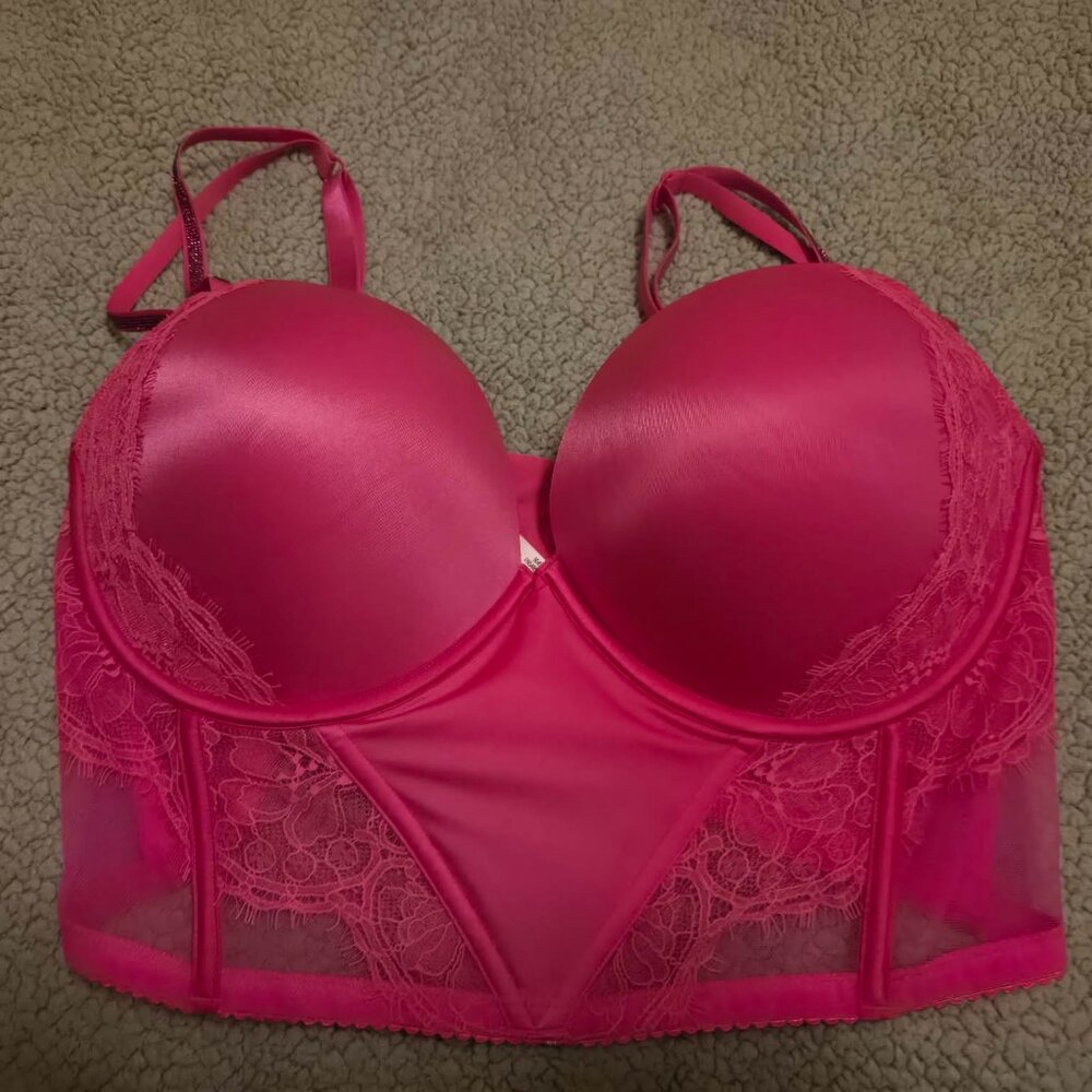 Victoria’s Secret Hot Pink Rhinestone Strap Pushup Corset Bra Top 38DD